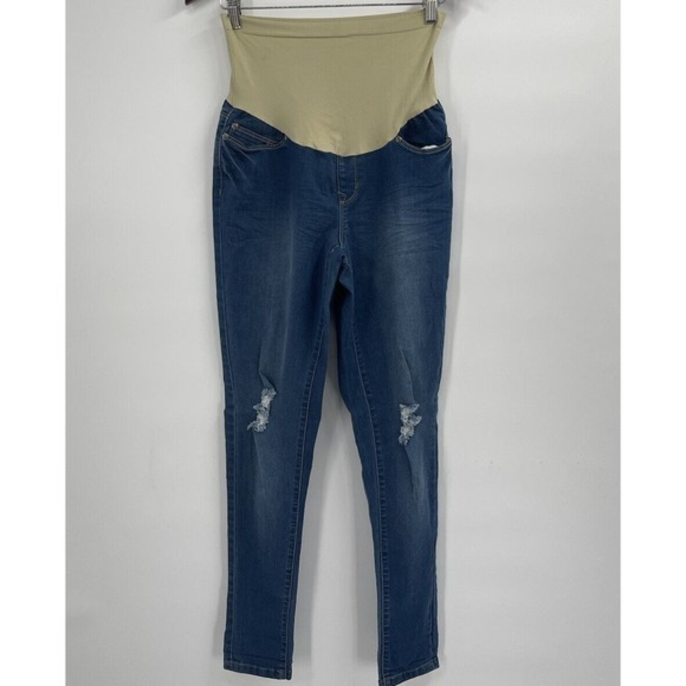 Hybrid & Company Size M Maternity Skinny Jeans Women Blue Distressed Over Belly